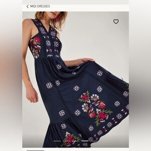 Monsoon London Maxi Floral Embroidered Navy Dress Tiered Ruffle Medium